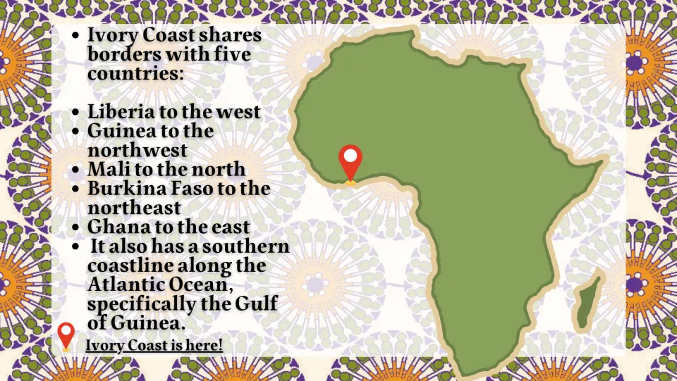 Map of Africa pinpointing Ivory Coast and listing its five neighbors, Liberia, Guinea, Mali, Burkina Faso and Ghana
