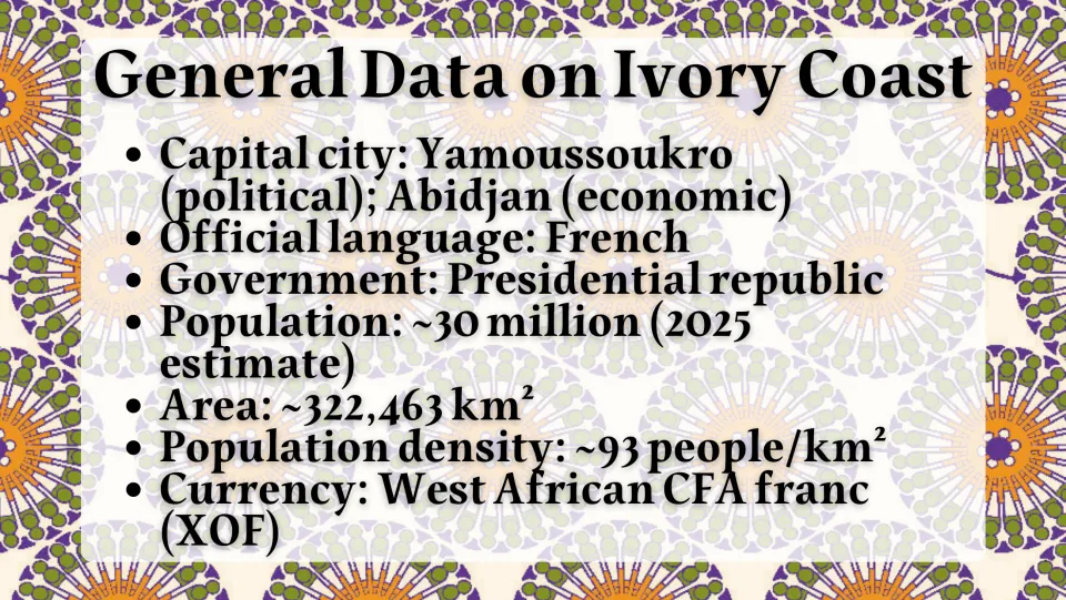 General data facts: capitals Yamoussoukro and Abidjan, French language, ~30 million people, area, density and CFA franc