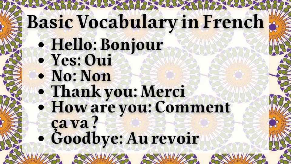 Basic French vocabulary list pairing six English phrases with French: Bonjour, Oui, Non, Merci, Comment ça va, Au revoir