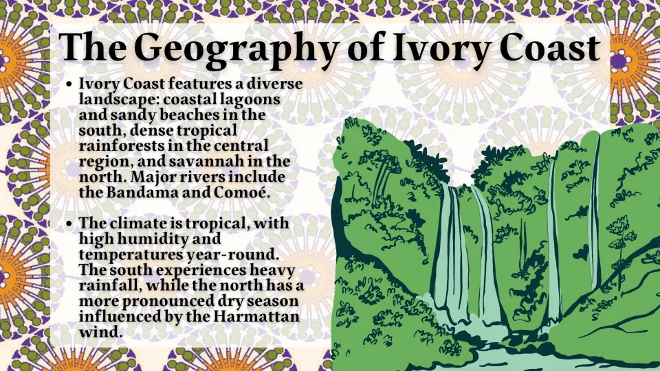 Ivory Coast geography: lagoons, rainforest and savannah regions, Bandama and Comoé rivers, and a tropical climate
