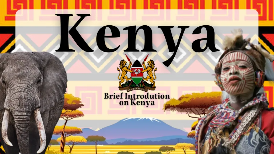 Kenya presentation cover titled 'Brief Introduction on Kenya,' featuring the country's coat of arms