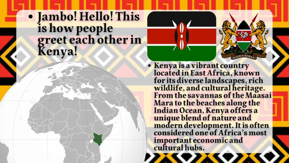 Introduction slide locating Kenya in East Africa, with its flag, coat of arms, and a globe marking Kenya