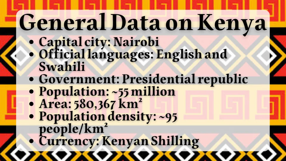 General data slide listing Nairobi, official languages, government, population, area, density, and currency