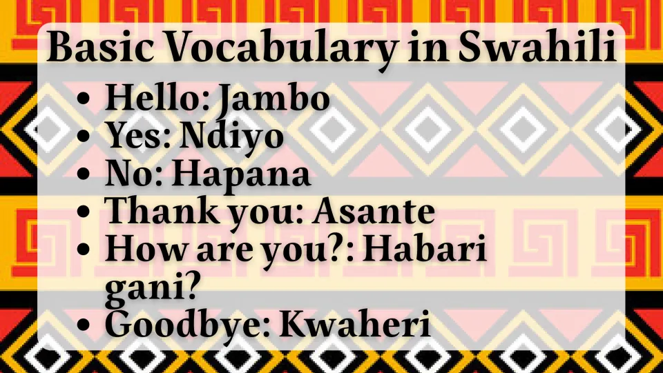 Swahili vocabulary slide: Jambo (hello), Ndiyo (yes), Hapana (no), Asante (thank you), and two more phrases