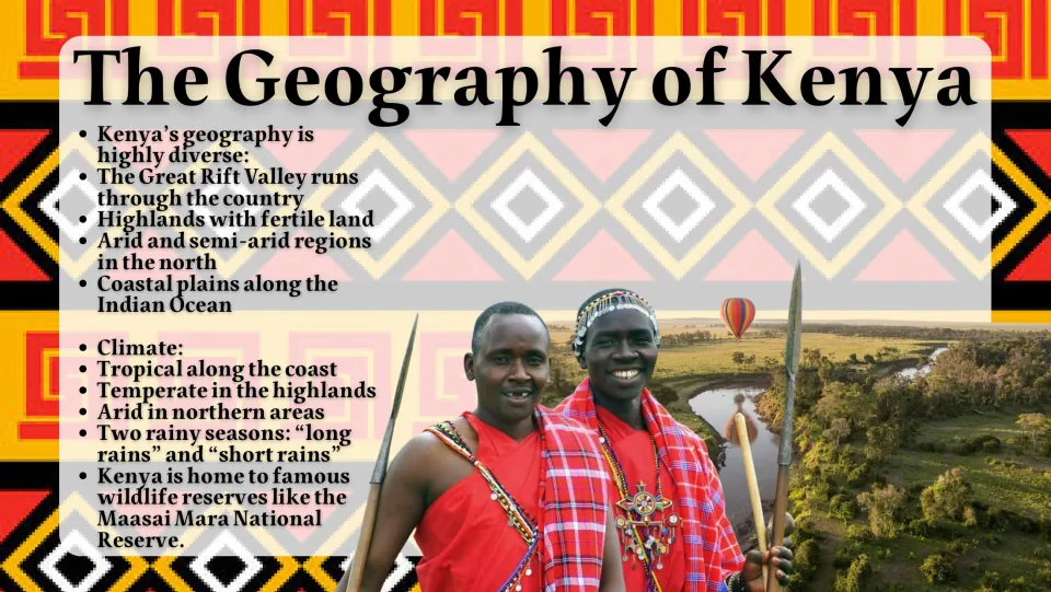 Geography slide covering Kenya's Great Rift Valley, highlands, arid north, coastal plains, climate, and reserves