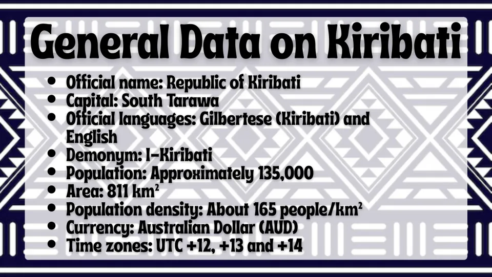 General data slide lists South Tarawa, official languages, population, area, currency, and time zones