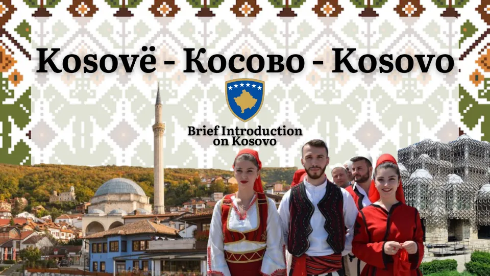 Kosovo presentation cover with its name in Albanian, Serbian, and English, plus traditional clothing and landmarks