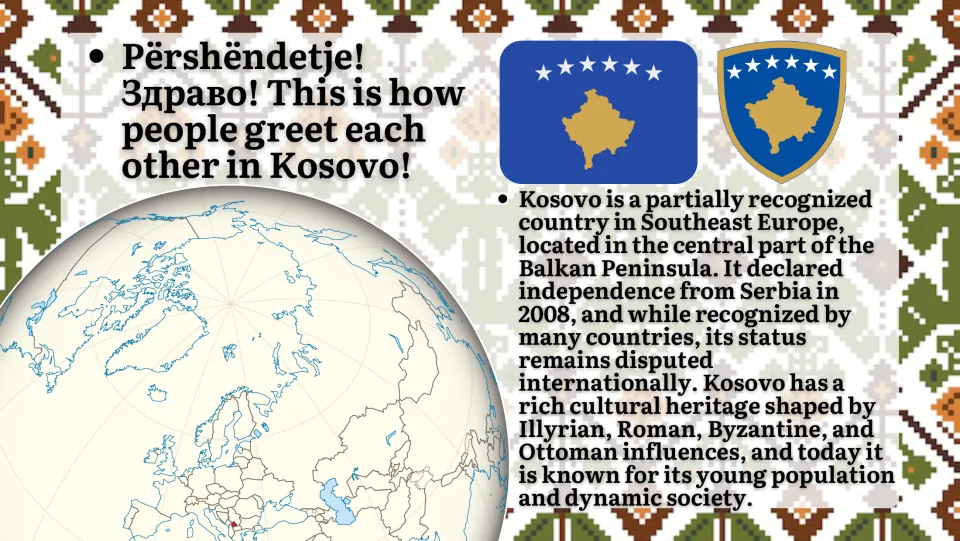 Introduction slide locating Kosovo in the Balkans and outlining its disputed status and cultural heritage