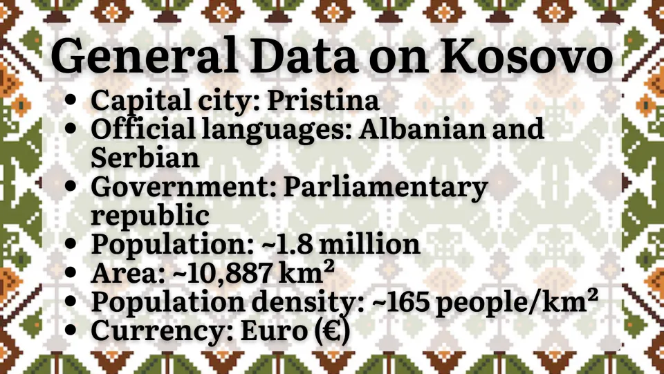 General data slide listing Pristina, official languages, government, population, area, density, and the euro