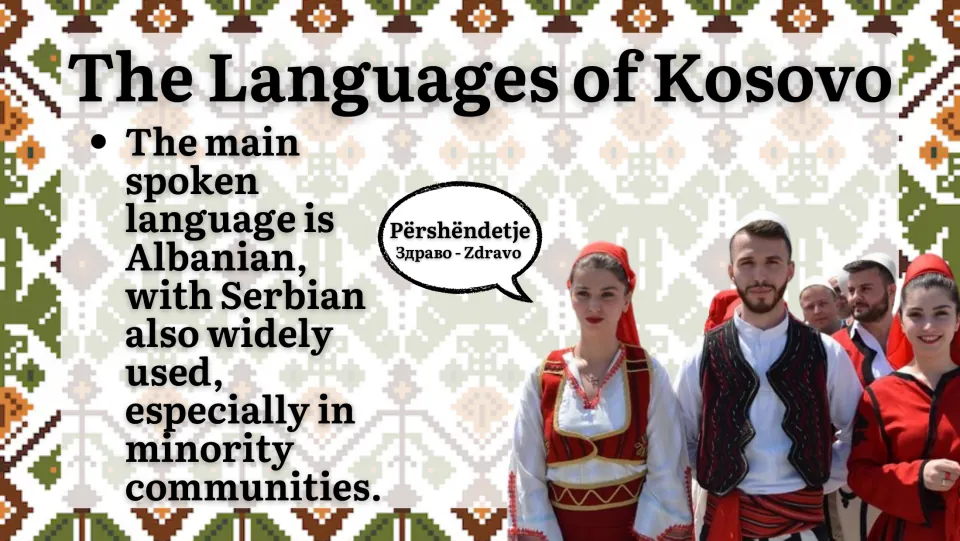 Language overview slide identifying Albanian as Kosovo's main spoken language and Serbian use in minority communities