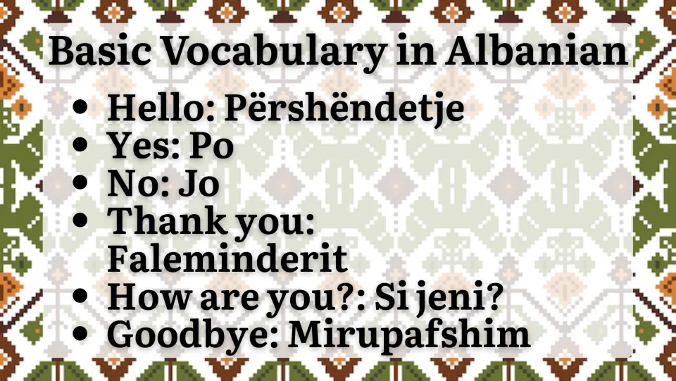 Albanian vocabulary slide covering hello, yes, no, thank you, how are you, and goodbye with translations