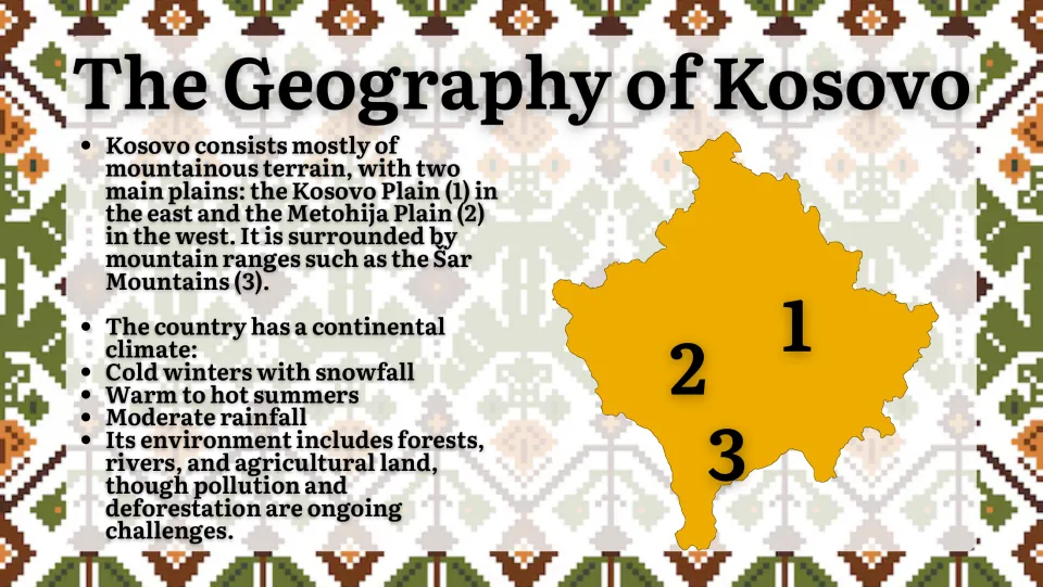 Geography slide identifying the Kosovo and Metohija plains and Šar Mountains, plus climate and environmental issues
