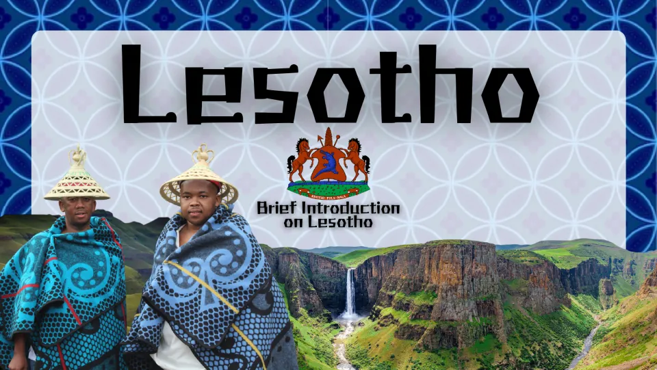 Lesotho presentation cover introducing the country with its coat of arms, traditional clothing, and scenery