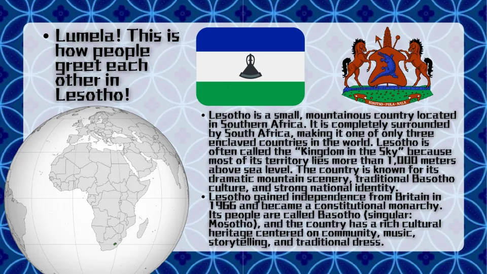 Country introduction slide covering Lesotho’s mountain setting, Basotho people, culture, and independence