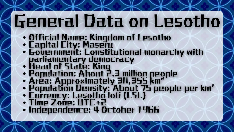 Country facts slide listing Maseru, government, population, area, currency, time zone, and independence