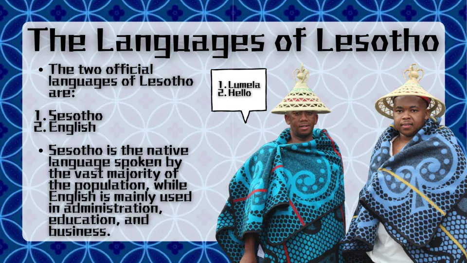 Languages slide identifying Sesotho and English as official languages and explaining where each is used