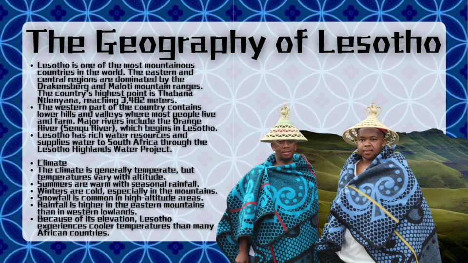 Geography slide covering Lesotho’s mountain ranges, highest peak, rivers, water resources, and climate