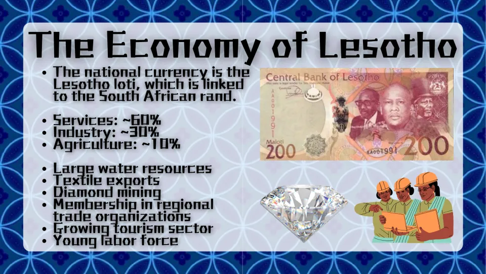 Economy slide covering Lesotho’s loti, economic sectors, water resources, textile exports, and diamond mining