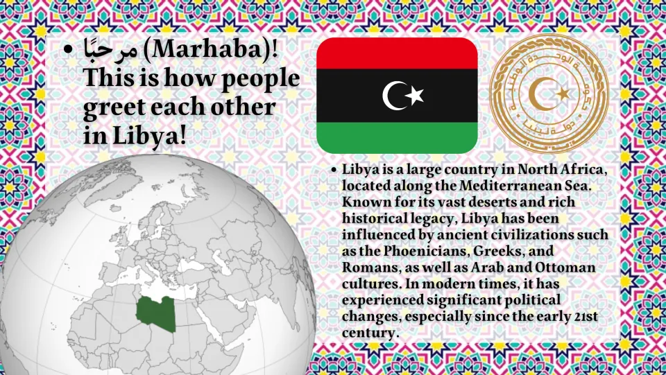 Libya overview: Marhaba greeting, flag, emblem, globe locating Libya and a summary of its ancient and modern influences