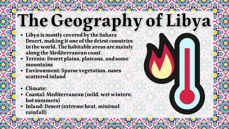 The Geography of Libya: mostly Sahara Desert, plains and plateaus, scattered oases, and coastal vs. inland climates