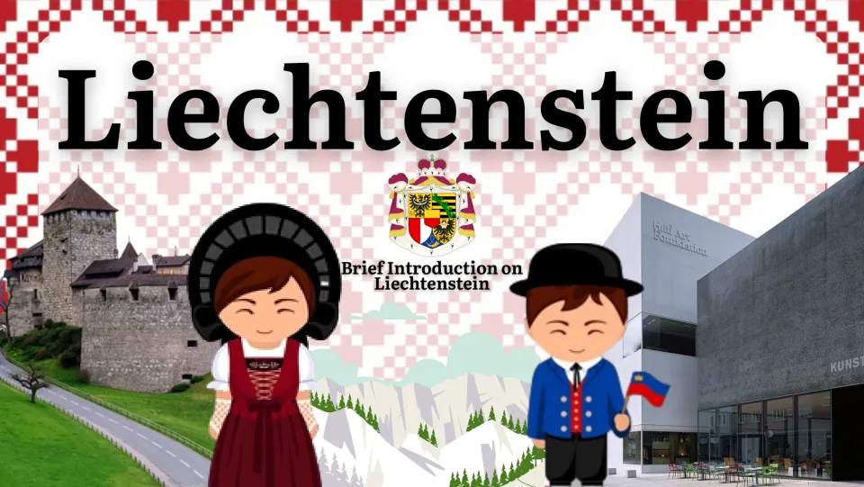 Cover slide introducing Liechtenstein, with its coat of arms and photographs of a castle and museum