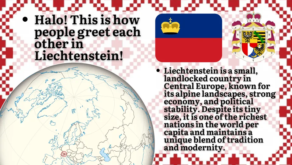 Introduction slide describing Liechtenstein as a small Central European country, with its flag and globe map