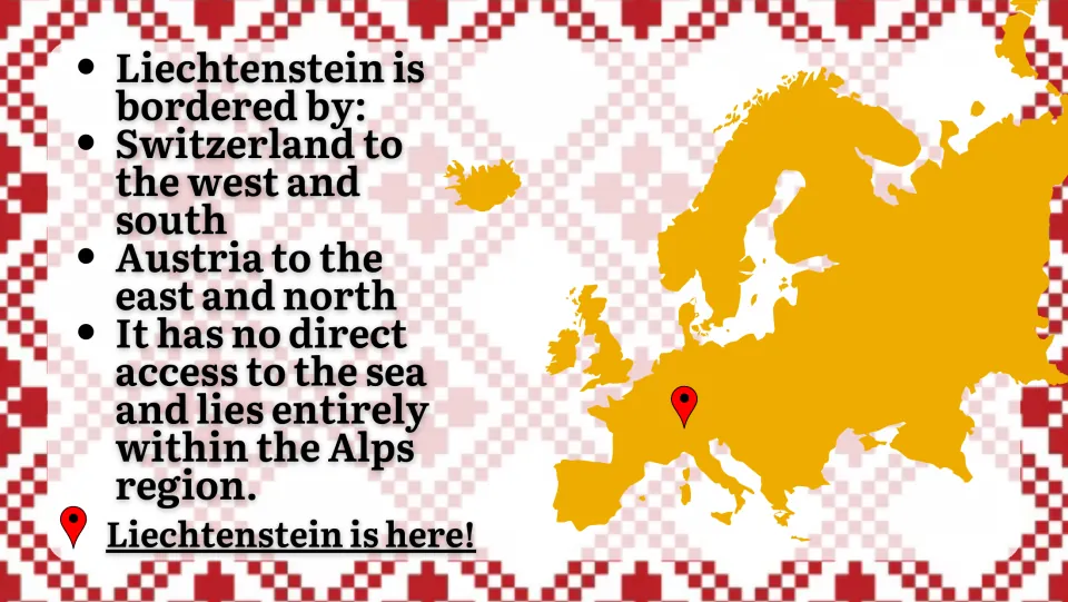 Location slide naming Switzerland and Austria as Liechtenstein’s neighbors and marking its place in Europe