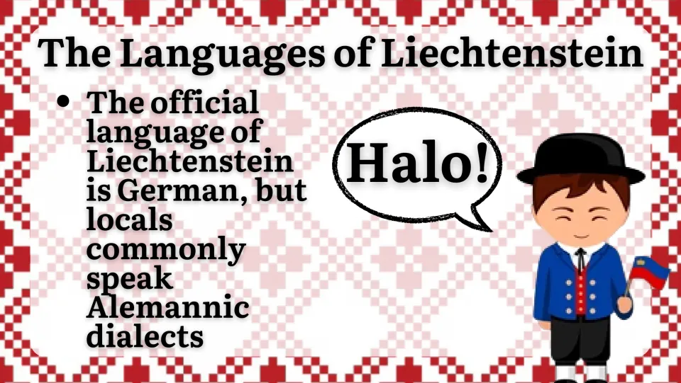 Language slide identifying German as Liechtenstein’s official language and Alemannic dialects as common locally