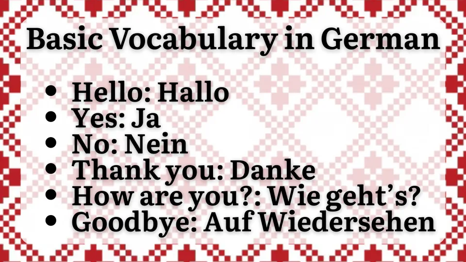 German vocabulary slide: Hallo (hello), Ja (yes), Nein (no), Danke (thank you), and two more expressions