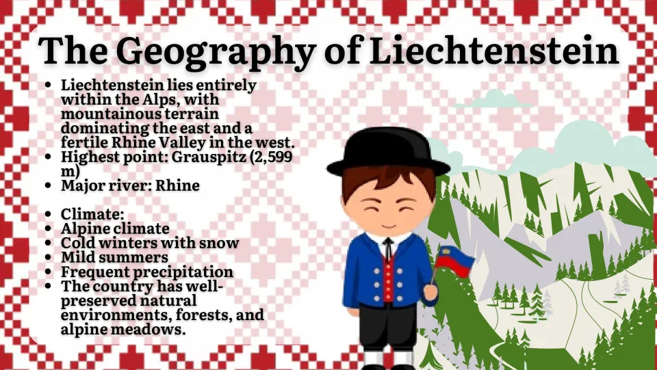 Geography slide covering the Alps, Rhine Valley, Grauspitz at 2,599 meters, climate, forests, and meadows