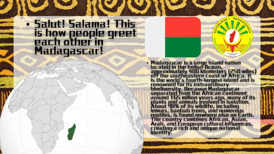 Introduction slide locating Madagascar in the Indian Ocean and describing its biodiversity and cultural influences