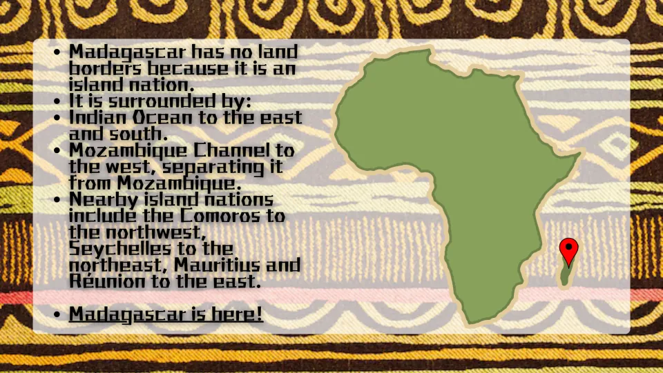Location slide marking Madagascar beside Africa and naming the Indian Ocean, Mozambique Channel, and nearby islands