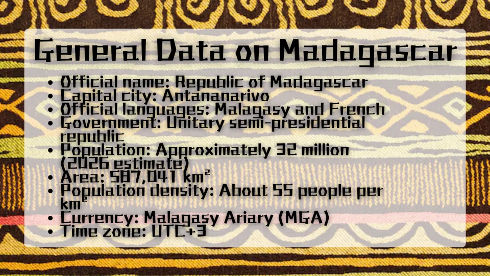 Country facts slide listing Antananarivo, Malagasy and French, government, population, area, currency, and time zone