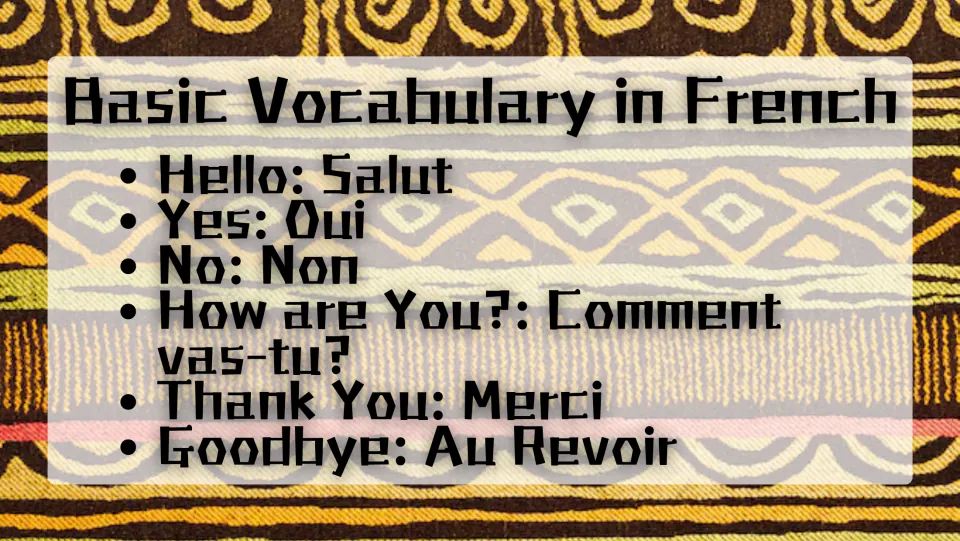 French vocabulary slide: Salut (hello), Oui (yes), Non (no), Merci (thank you), and two everyday expressions