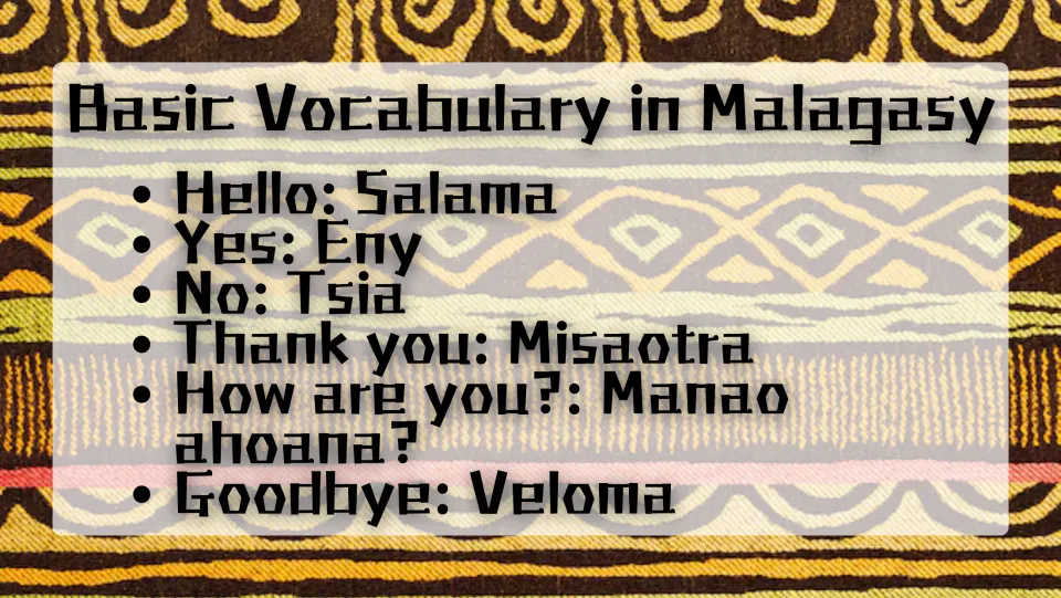 Malagasy vocabulary slide: Salama (hello), Eny (yes), Tsia (no), Misaotra (thank you), and two everyday expressions