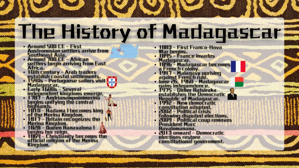 History slide tracing Madagascar from settlers around 500 CE through kingdoms, French rule, and independence