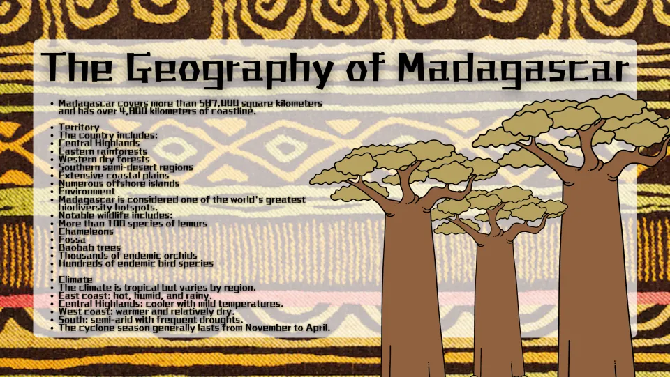 Geography slide outlining Madagascar's regions, wildlife, regional climates, and November-to-April cyclone season