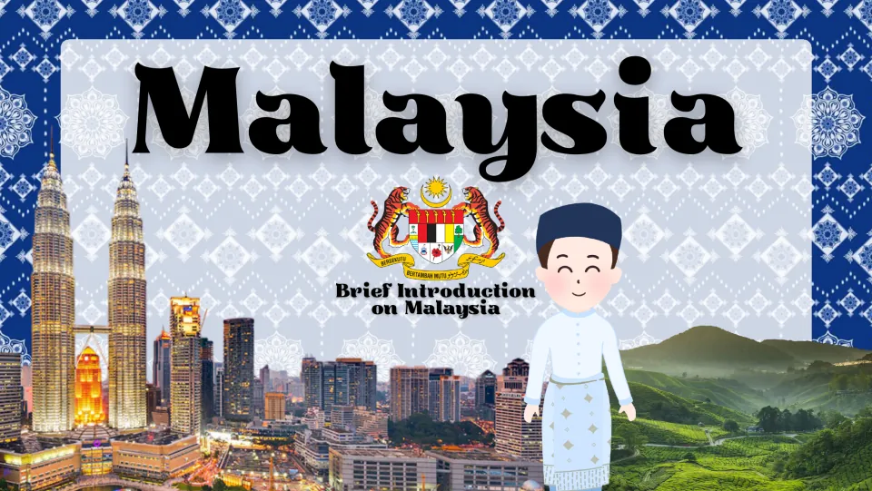 Malaysia presentation cover introducing the country with its coat of arms, Kuala Lumpur skyline, and hills