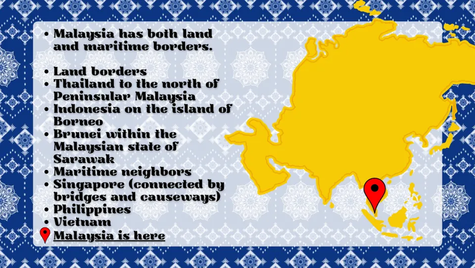 Malaysia borders slide listing Thailand, Indonesia, Brunei, and maritime neighbors beside an Asia map