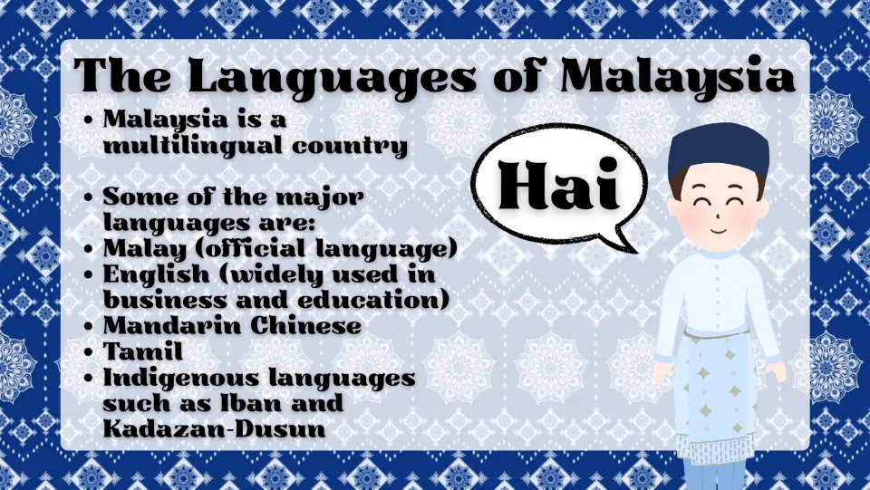 Malaysia languages slide listing Malay, English, Mandarin Chinese, Tamil, Iban, and Kadazan-Dusun