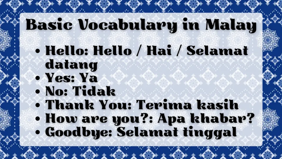 Malay vocabulary slide pairing English greetings and phrases with Ya (yes), Tidak (no), and other translations