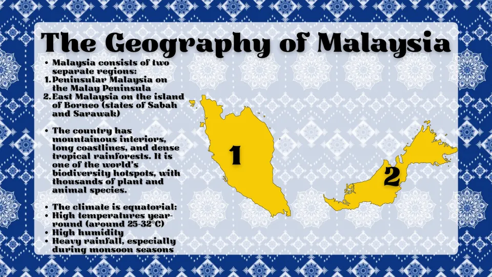 Malaysia geography slide identifying Peninsular and East Malaysia, rainforests, mountains, and equatorial climate