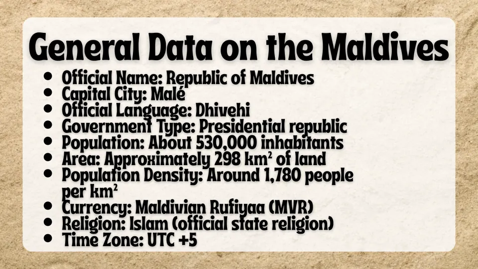 General Data on the Maldives: capital Malé, Dhivehi language, 530,000 people, 298 km² area, rufiyaa currency and UTC +5