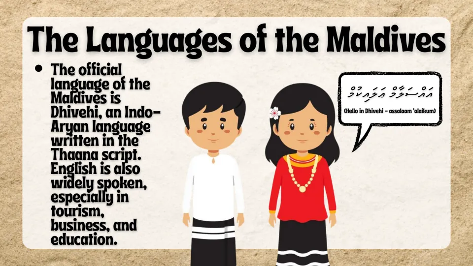 The Languages of the Maldives: Dhivehi, an Indo-Aryan language in Thaana script, and English; cartoon girl says hello