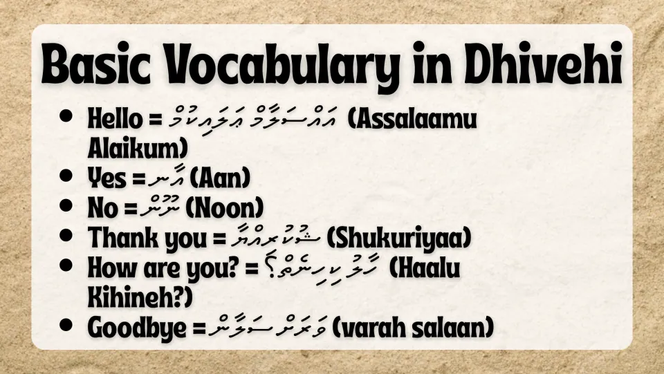 Basic Vocabulary in Dhivehi: hello, yes, no, thank you, how are you and goodbye in Thaana with English pronunciations