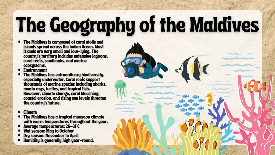 The Geography of the Maldives: coral atolls, reef wildlife, rising sea threats and monsoon climate with wet and dry seasons
