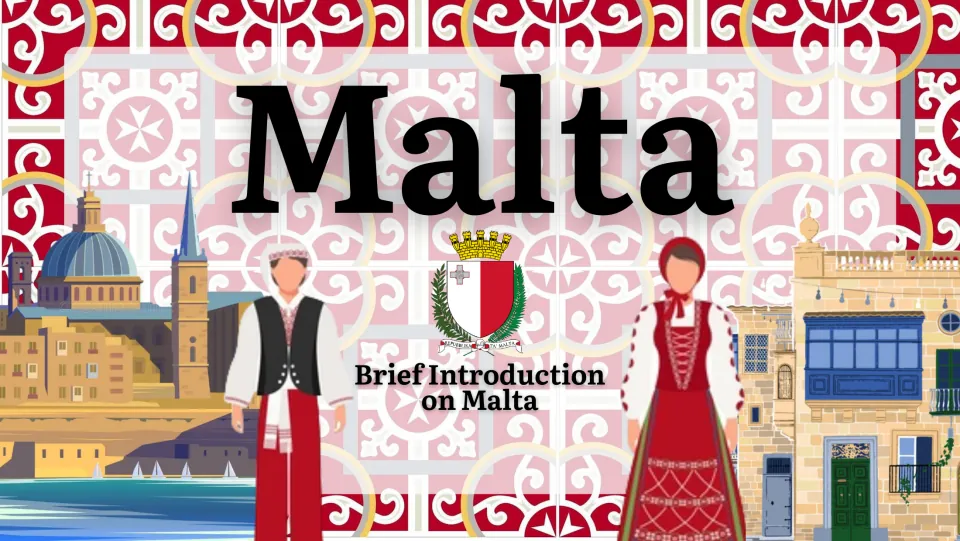 Malta: Brief Introduction title slide with the Maltese coat of arms, figures in folk costume and a harbour skyline