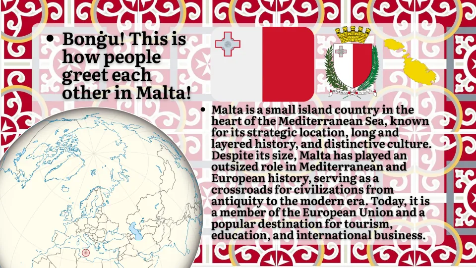 Introduction to Malta: a small Mediterranean island country and EU member, with its flag, coat of arms and globe location