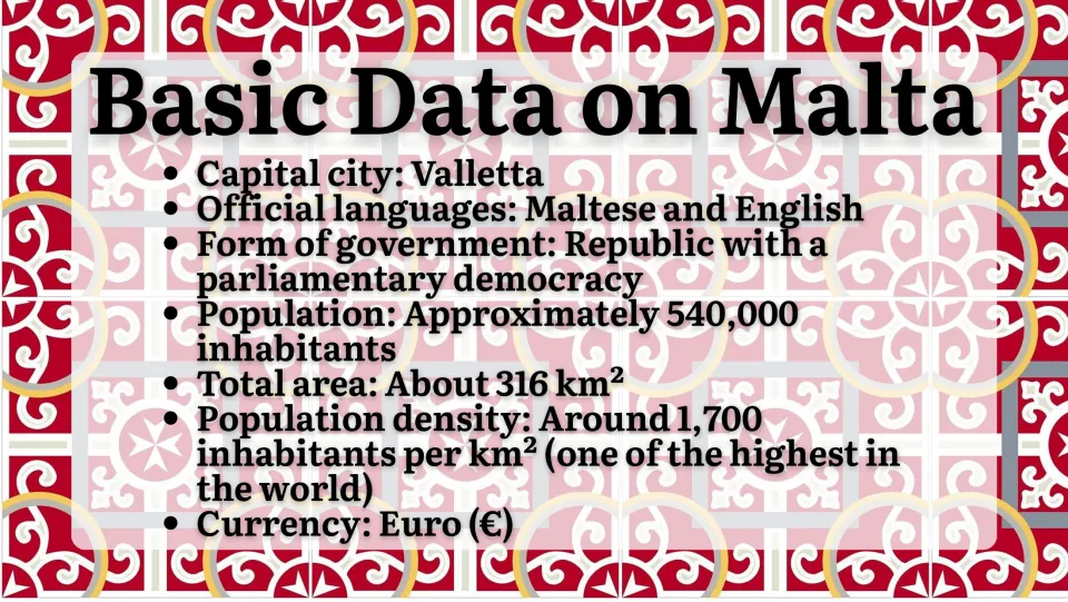 Basic data on Malta: capital Valletta, Maltese and English, about 540,000 people, 316 km², high density, euro currency