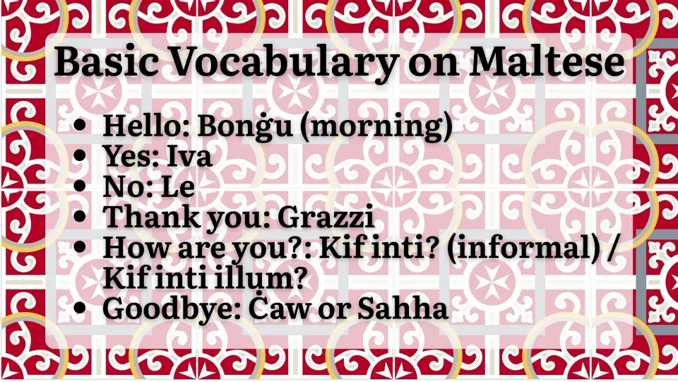 Basic Maltese vocabulary: hello, yes, no, thank you, how are you and goodbye with Maltese words such as Iva, Le and Grazzi